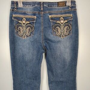 Earl Jean Womens Blue Slim Bootcut Fleur De Lis Embellished Jeans Size 14